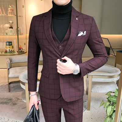 3 Pieces Suit Vest Mens Suits With Pants Wine Red Retro Plaid Slim Fit Formal Wedding Dress Tuxedo Suits Plus Size 5XL 