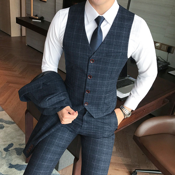 ( Vest + Pants ) 2piece Mens Fashion Plaid Formal Groom Wedding Dress Suit Vest and Pants / Men Plaid Business Suit Trousers