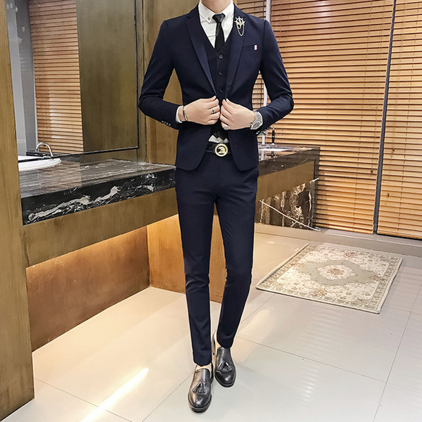 new men's suits pure color British style temperament handsome Slim wedding dress business suit