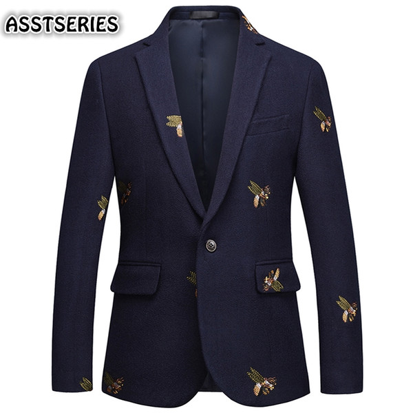 Blazer Male New Fashion Slim Fit Bee Embroidered Navy Blazer Plus Size 6xl Business Wine Party Wedding And Jackets Men