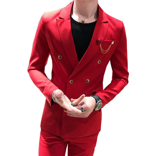 2 Piece Red Double Breasted Mens Suits With Pants New Costume Homme Slim Fit Wedding Groom Casual Business Terno Masculino