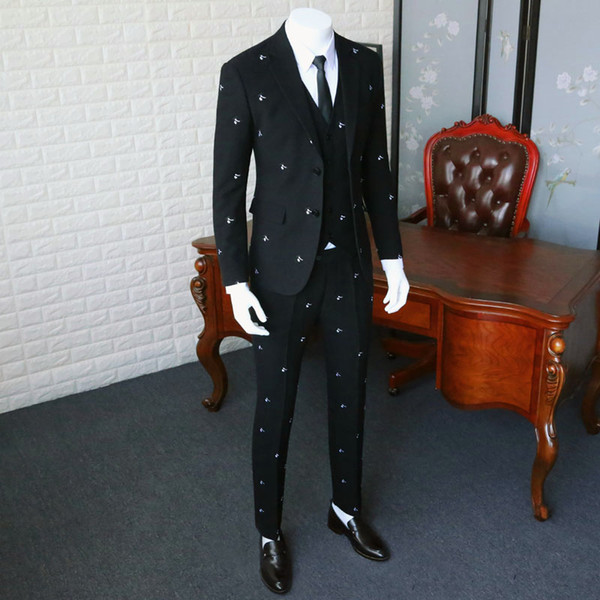 Anti-wrinkle Suit Blazer Slim Fit / Man Pure Black Embroidery Suit Jacket / Men Wedding Dresses Three Pieces 365wt19