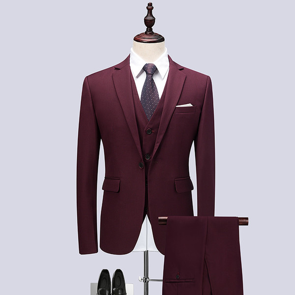 3piece Suit Men Brand New High Quality Men Formal Wear Dress Suits Slim Fit Wine Red One Button Wedding Suits For 6XL-M