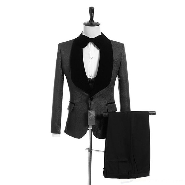 New Arrival One Button Black Paisley Groom Tuxedos Groomsmen Shawl Lapel Mens Suits Blazers (Jacket+Pants+Vest+Tie) W:1229