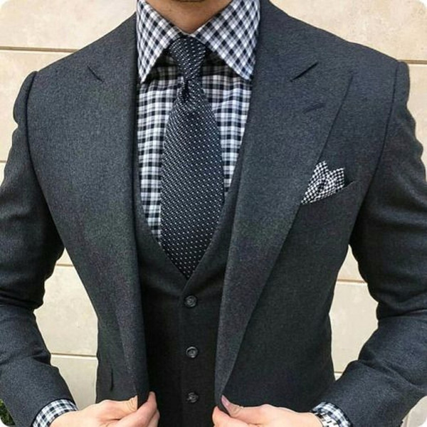 Latest Coat Pant Designs Dark Grey Tweed Suit Men Slim Fit Formal Wedding Suits For Men 3 Pieces Men's Classic Suit Ternos