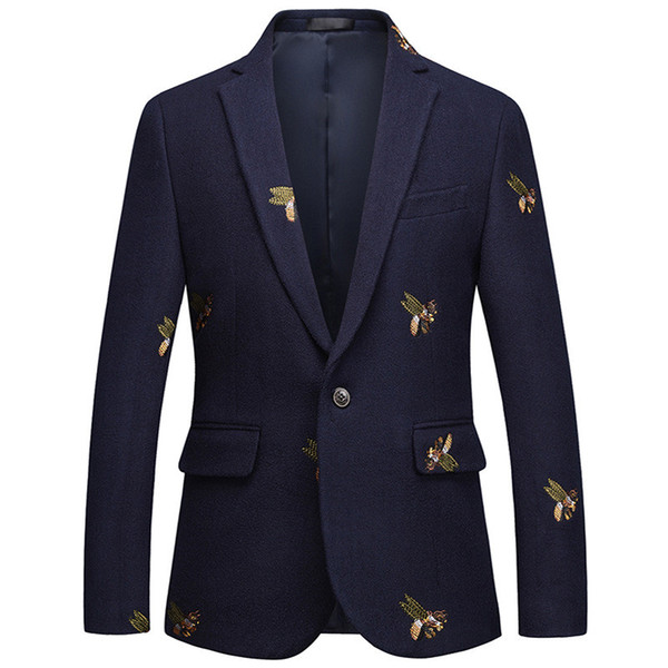 Mens One Button Blazer Bee Embroidery Wedding Smart Casual Slim Fit Jacket High Quality Big Size 6XL Navy Blue Clothes Male