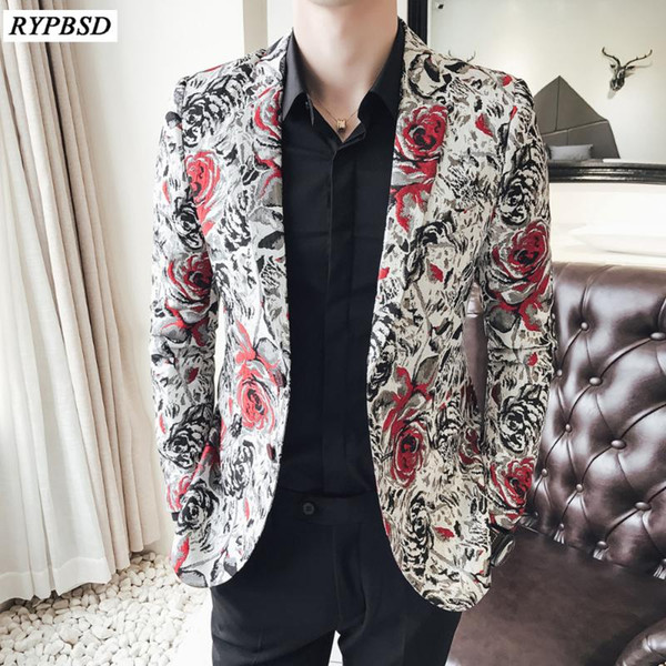 2018 Mens Floral Blazer Cotton Flower Print Blazers For Men Large Size Slim Fit Blazer Men Costume Homme