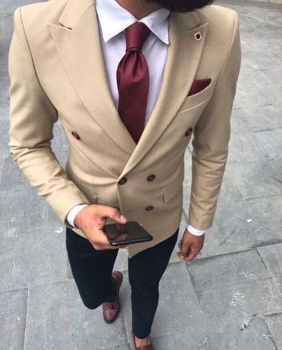 Khaki Double Breasted Mens Suits 2 Pieces Custom Wedding Men Tuxedos Custome Homme Slim Fit Wedding Suits(Jacket+Pant+Tie)