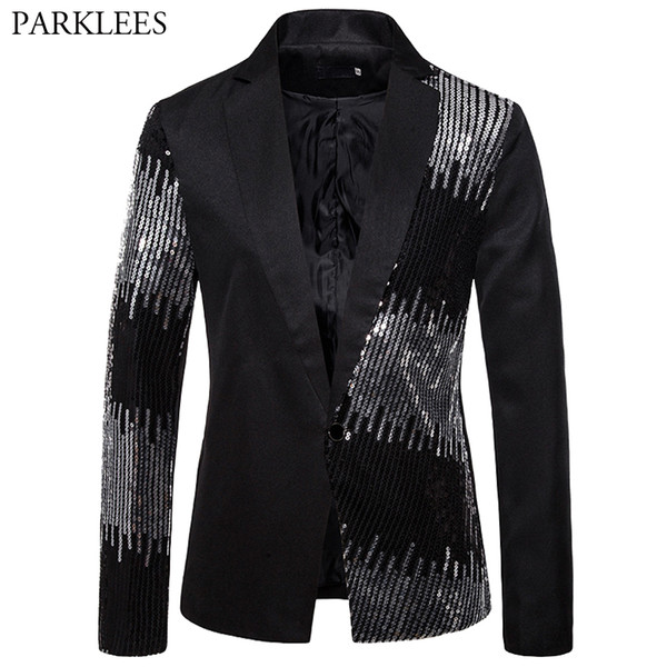 Shiny Sequin Blazer Men Black Mens Glitter Blazers Two-color Splice Wedding Prom Stage Nightclub Party Mens Suit Jacket Hombre