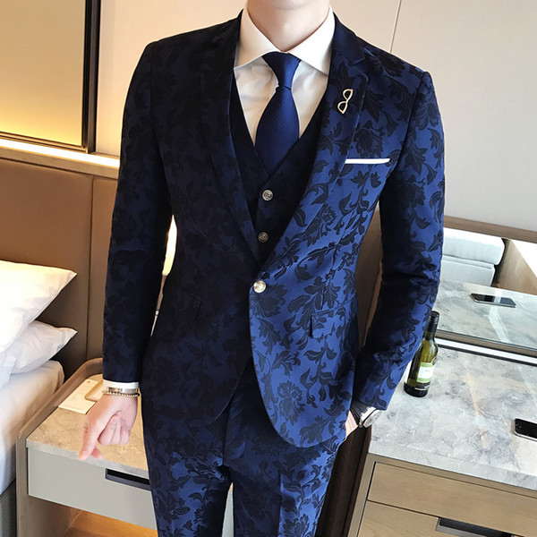 Printing Groom Men Suit Temperament Slim Men's Single Suit Wedding Best Men's Suits(Jacket+Pants+Vest) High Quality