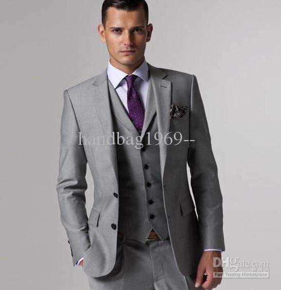 Custom Made Slim Fit Groom Tuxedos Light Grey Side Slit Best Man Suit Wedding Groomsman/Men Suits Bridegroom (Jacket+Pants+Vest+Tie) OK:288