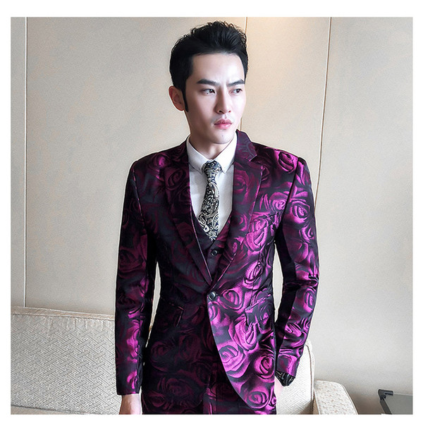 Floral Suit Men Purple Rose Flower Pattern Wedding Suits For Men 4XL 5XL Slim Fit Mens Party Prom Suits