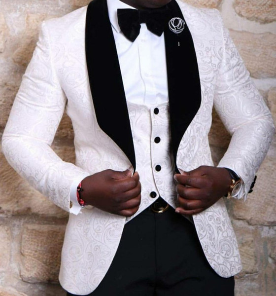 men's suit Groom Tuxedos Red White Black Shawl Lapel Wedding Suits for Men (Jacket+Pants+vest+Bowtie) Groomsman Suits