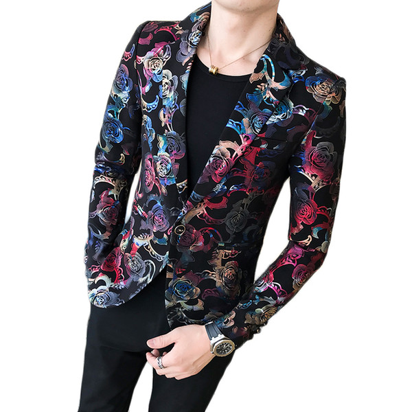 2018 Male Suit Blazer Flower Gold Print Party Wedding Festival Stylish Blazers For Men Stage Costumes Singers Slim Fit Jacket