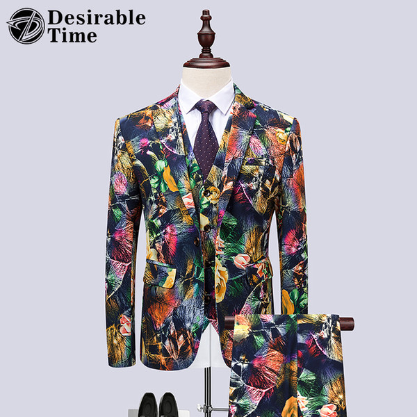 Mens Flower Suits with Pants Fashion Prom Dress Suit Men 3 Piece Floral Wedding Suits for Men Stage Clothing for Singers DT532