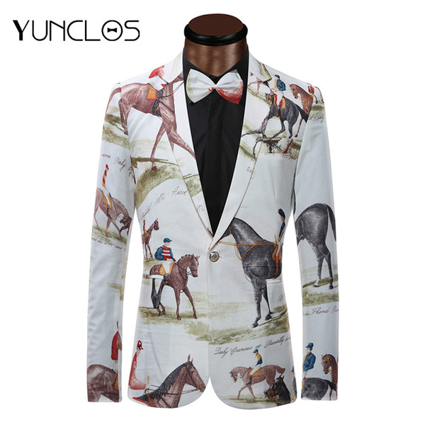 YUNCLOS Brand New Blazer Men Riding Horse 3D Print Suit Jacket Slim Fit Casual Stage Wear Fashion Men Bow Tie Blazers Plus Size