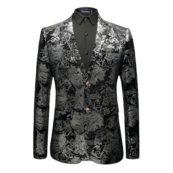 YUSHU Mens Black Velvet Print Blazer Design Plus Size 5XL Casual Male Slim Fit Blazer Stage Wedding Suit Jacket