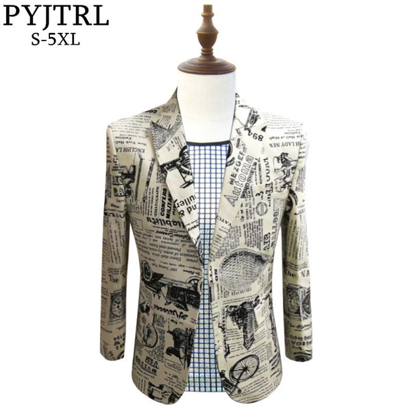 PYJTRL Retro Vintage Newspaper Print Casual Blazer Hombre Men DJ Singer Night Club Slim Fit Suit Jacket Prom Party Costume