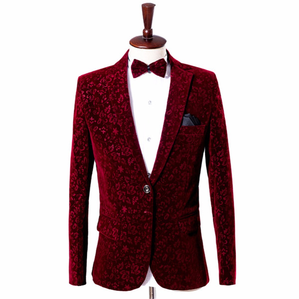 Men Wine Red Velvet Blazer Jacket Burgundy Suit Jacket Costume Homme Men Velvet Blazer Homme Mens Stage Wear Floral