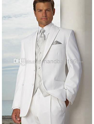 Two Buttons White Groom Tuxedos Peak Lapel Best Man Suits Groomsmen Men Wedding Suits (Jacket+Pants+Vest+Tie) NO:722