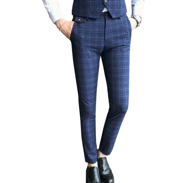 2019 New Boutique Fashion Plaid Men's Casual Business Suit Pants Groom Wedding Dress Male Blue Trousers