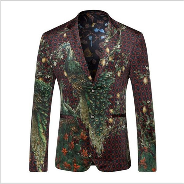 Wholesale- Men Blazers And Jackets 2016 Peacock Printed Blazer Men Fashion Designer Suit Blazer Masculino Casual Coat Wedding Dress HZ416