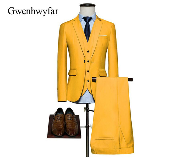 Custom Made Yellow Suits For Men Slim Fit Groomsmen Wedding Tuxedos Best Men Suits Blazer With Pants (Jacket+Pants+Vest)