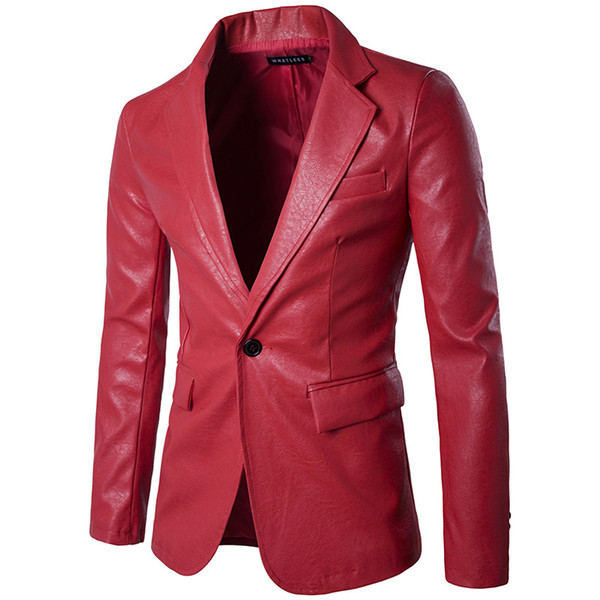 Wholesale- Red PU Leather Dress Blazers Men 2017 Brand New Wedding Party Mens Suit Jacket Casual Slim Motorcycle Faux Leather Suit Homme