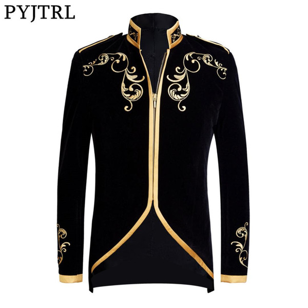 PYJTRL British Style  Prince Fashion Black Velvet Gold Embroidery Blazer Wedding Groom Slim Fit Suit Jacket Singers Coat