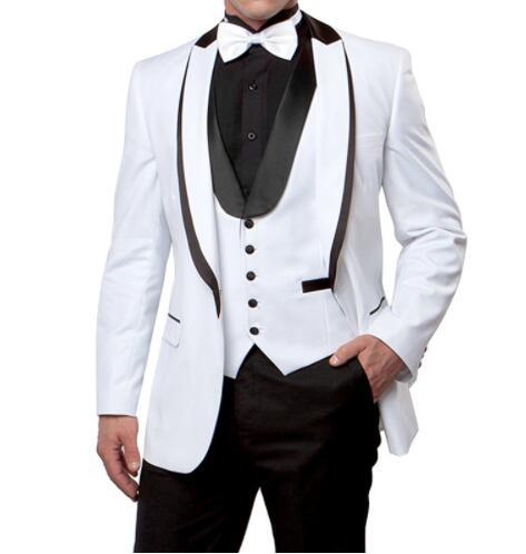 New Style One Button White Groom Tuxedos Groomsmen Best Man Mens Wedding Suit (Jacket+Pants+Vest+Tie) W:163