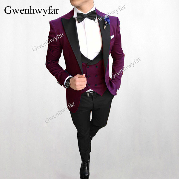 Gwenhwyfar Elegant Burgundy Formal Men's Suits Wedding Groom Costume Homme Slim Fit British Decent Dinner Prom Suit Male Tuxedos