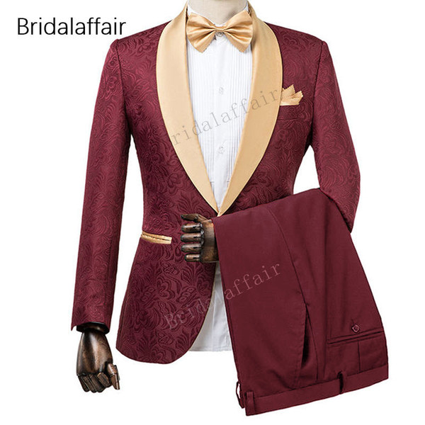 Wonderful New Designs Custom Made Groom Tuxedo Burgundy Printed Men Suit Set For Wedding Prom Mens Suits (Jacket+Black Pants)