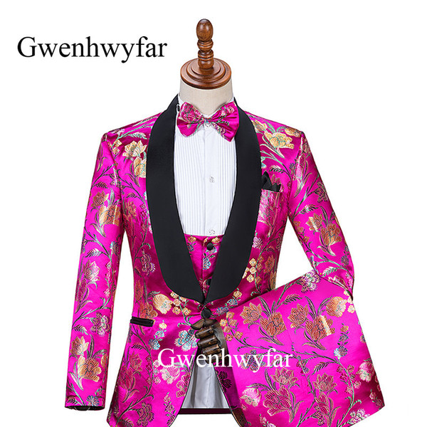 Gwenhwyfar Advance Style Tulip Flower Pattern Suits 3 Pieces Men's suits Wedding Costume Homme Rose red/Navy/Black/Gold