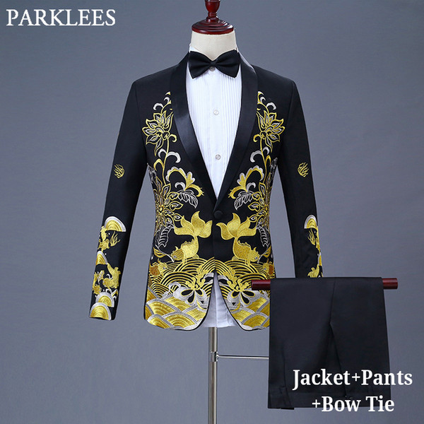 Mens Embroidery Dress Suits With Pants Shawl Lapel Black Suit Men Slim Fit Prom Stage Wedding Grooms Singer Costumes Homme