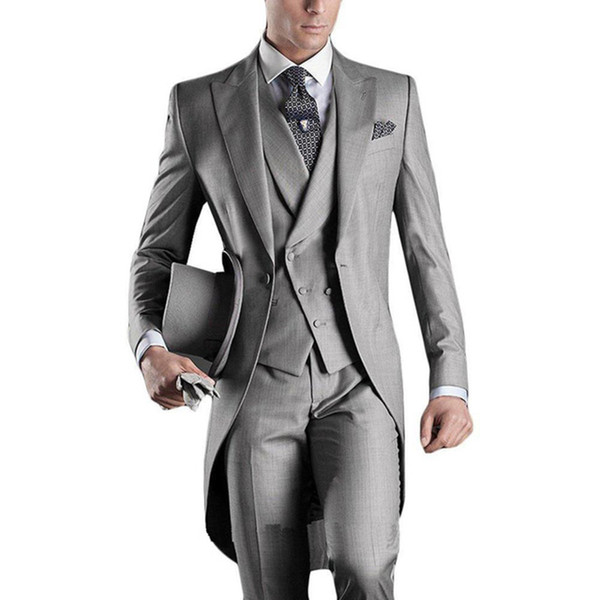 Italian Long Tailor Coat Grey Men Suit For Wedding 3pieces(Jacket+Pants+Vest+Tie) Masculino Trajes De Hombre Blazer