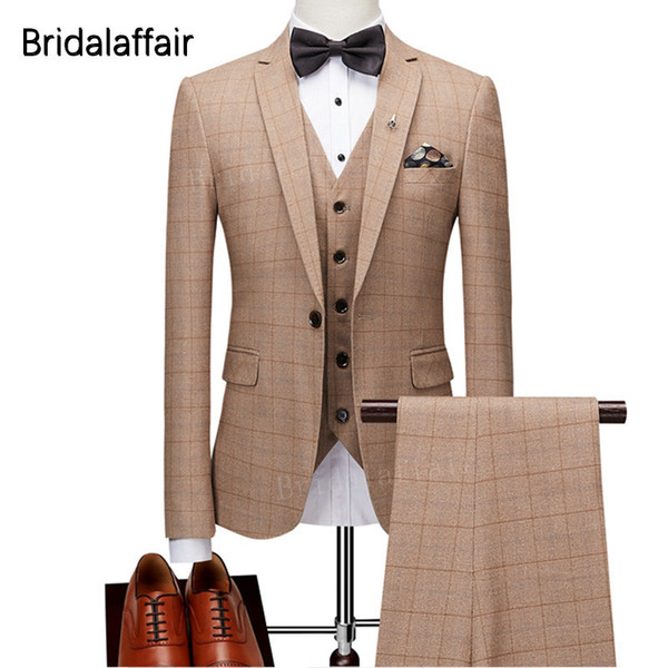 KUSON Fashion Mens Suits 3 Pieces Prom Wedding Dress Formal Slim Fit Plaid Men Suit Set Groom Tuxedo (Jacket+Pants+Vest)