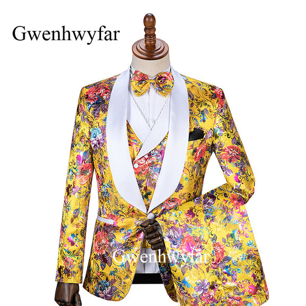 Gwenhwyfar Gold Men Suits Fashion Terno Masculino Tailor-Made Wedding Prom Party Formal Slim Fit Men Suits (Coat Pant Vest Tie)