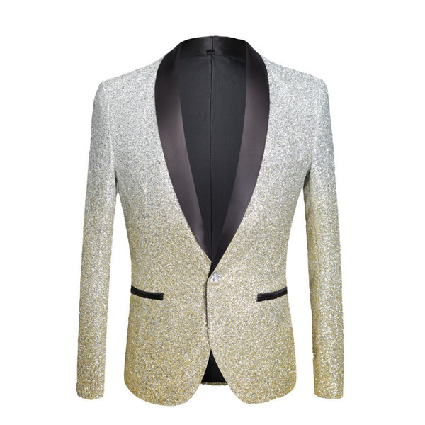 PYJTRL Mens Fashion Gradient Color Shiny Powder Gold Silver Pink Champagne Blue Black Slim Fit Blazer Stage Singer Suit Jacket