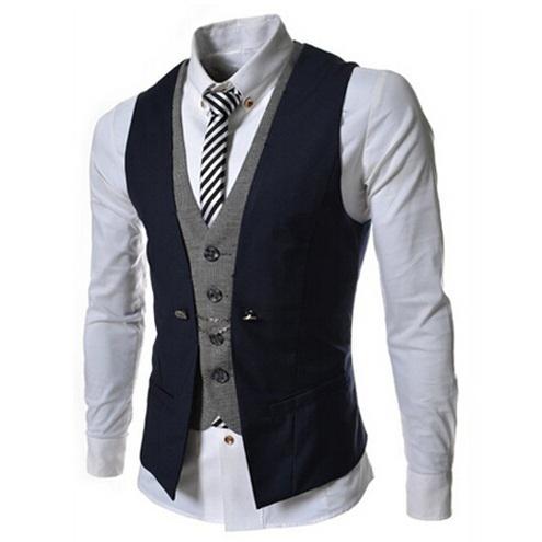 Mens Vest New Listing Fashion Brand False Two Design Waistcoat Male Blazer Vest Casual Slim Fit Suit Vests Men