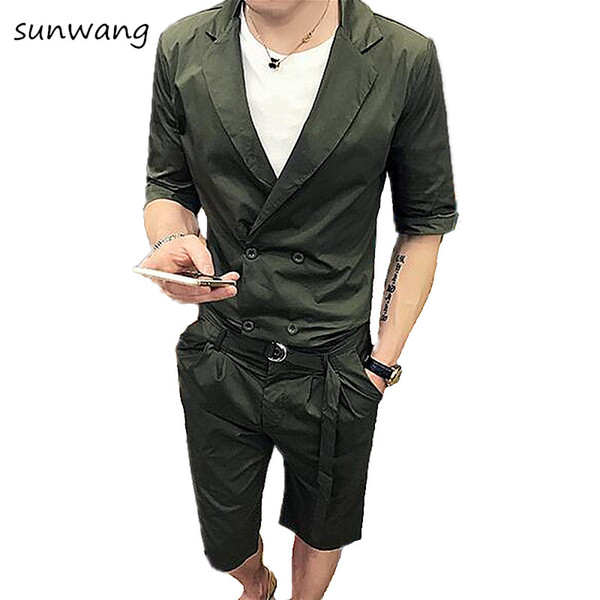 Summer Casual Dress Unique Designer Slim Fit Mens Double Breasted Suits 2 Pcs Short Sets Blazer Pants Green Men Suit With Belt