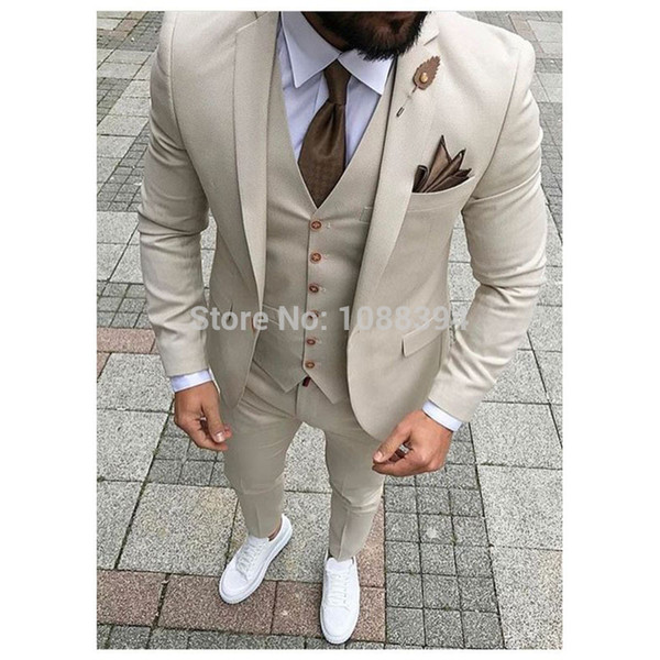 Latest Coat Pant Designs 3 Pieces Custom Made Slim Fit Formal Beige Groomsmen Tuxedos Men Suits For Wedding Groom Blazer