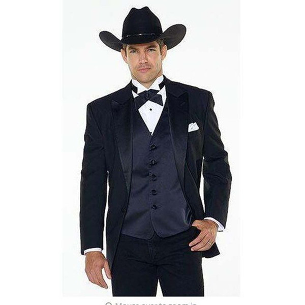 (Jakcet+Pants+navy blue Vest) Notch Lapel Western Cowboy Style mens suit black Groom Wear Tuxedos Best Man Wedding Suits For men