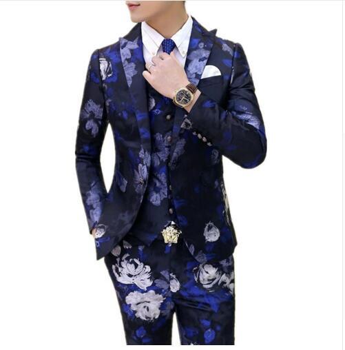 Fashion Custom 3 Pcs Wedding Dress Mens Italian Suit Floral Blazer Masculino Casual Suits Slim Fit Tuxedo Red Yellow Blue