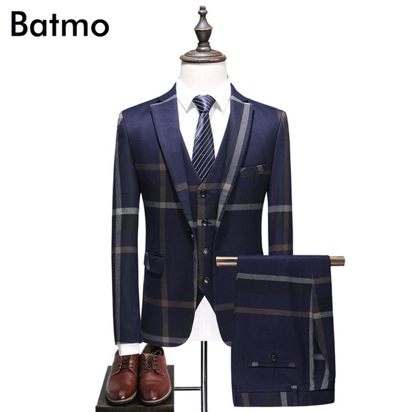 Batmo new arrival high quality plaid Single Breasted navy blue casual suits men,men's wedding dress,plus-size S-5XL 6130