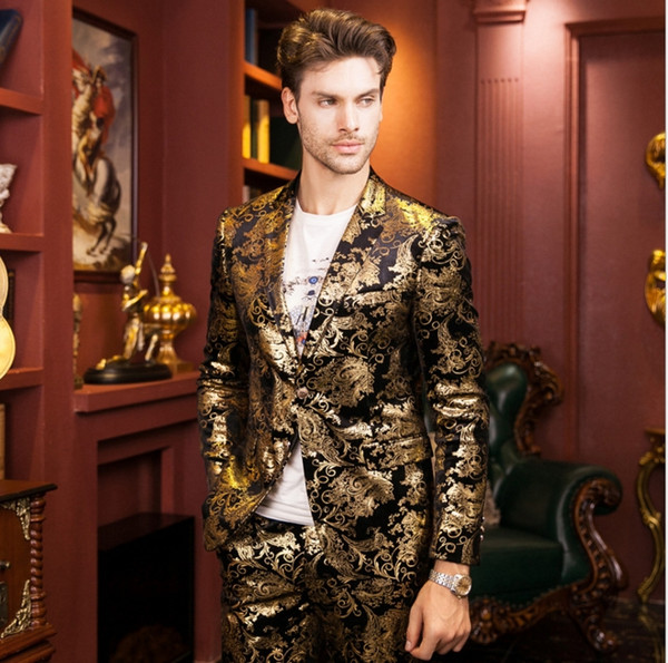 Senior designer gold print suit 2016 high quality fashion golden coat Brand wedding suit Cultivate one's morality men's autumn winter jacket