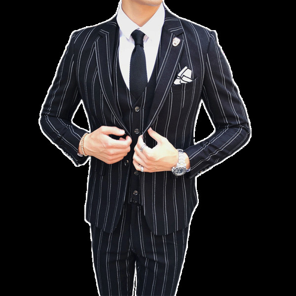 Autumn and Winter Mens Striped Dress Suit Black Navy Blue High-end Business Wedding Banquet Men Blazer Jacket + Vest + Pants