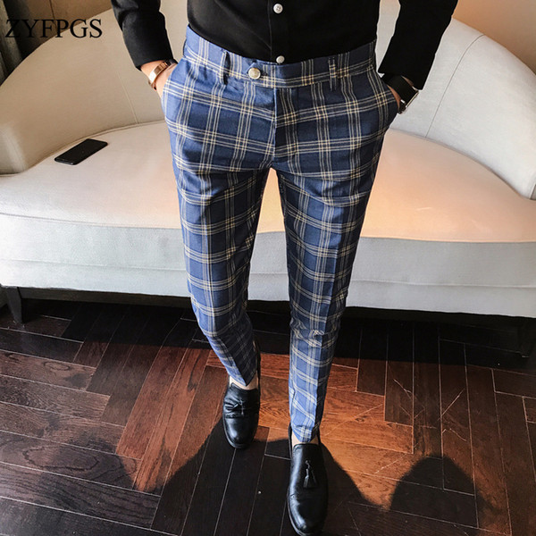 ZYFPGS Classic Vintage Check Suit Trousers Wedding Pants Blue Slim Fit Men Suit Trousers Mens Casual Pants Sexy Night Club 109