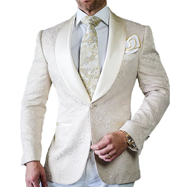 Men Wedding Suits Men Suits Slim Fit Groom Tuxedos Groomsman Blazer for 2 piece (Ivory Jacket+White Pants)