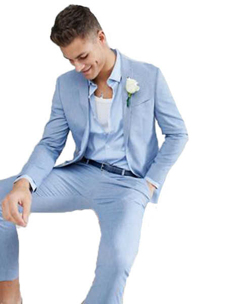 2 Pieces High quality Light Blue Men suits Jacket+Pants For wedding Handsome Slim Fit Groom Prom Tuxedos Suits Masculino