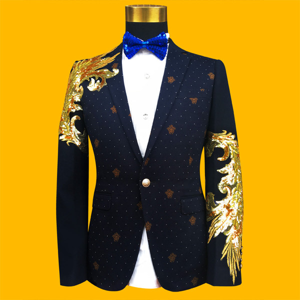 2017 Fashion Gold And Blue Embroidered Paillette Men Suits Male Singer Slim Performance Party Prom Costumes Plus Size